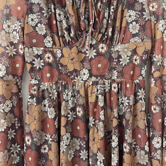 Womens Boho Milkmaid Dress Size M Brown Bell Sleeve Cottagecore Hippie Floral - Picture 5 of 16
